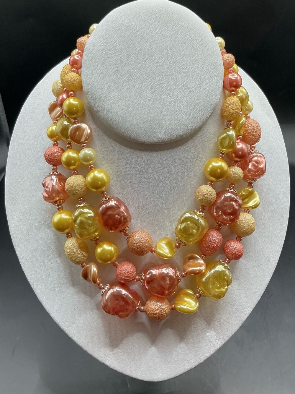 VINTAGE JAPAN ORANGE YELLOW BEADED MULTI STRAND CHUNKT NECKLACE